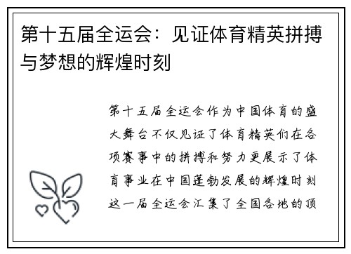 第十五届全运会：见证体育精英拼搏与梦想的辉煌时刻