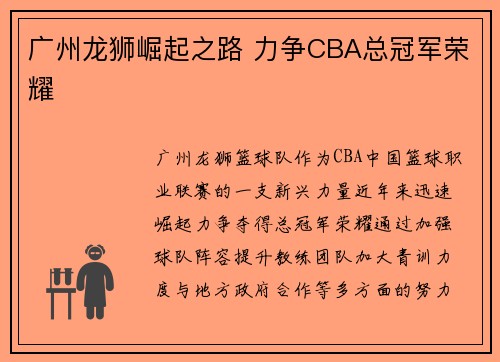 广州龙狮崛起之路 力争CBA总冠军荣耀