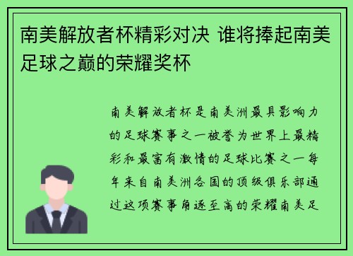 南美解放者杯精彩对决 谁将捧起南美足球之巅的荣耀奖杯