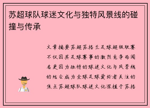 苏超球队球迷文化与独特风景线的碰撞与传承