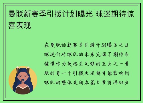 曼联新赛季引援计划曝光 球迷期待惊喜表现