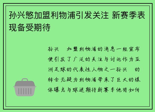 孙兴慜加盟利物浦引发关注 新赛季表现备受期待