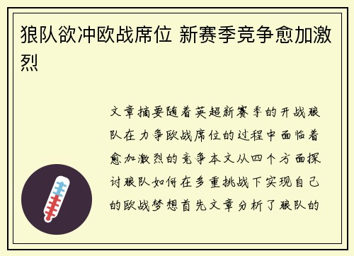 狼队欲冲欧战席位 新赛季竞争愈加激烈
