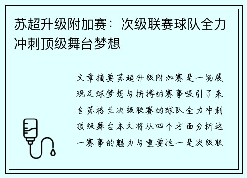 苏超升级附加赛:次级联赛球队全力冲刺顶级舞台梦想 苏超升级附加赛:次级联赛球队全力冲刺顶级舞台梦想